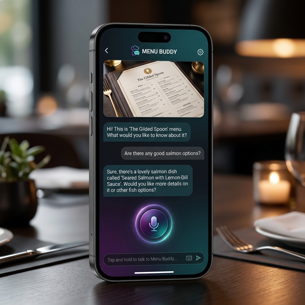 Menu Buddy AI app interface showing a menu scan and voice assistant