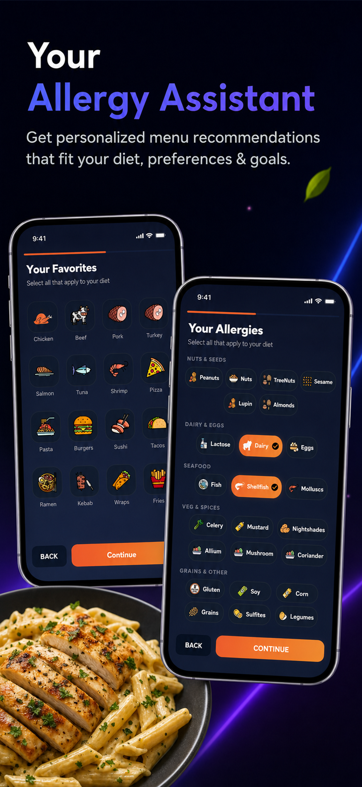 MenuBuddy allergy and favorites setup screen showing food preference onboarding