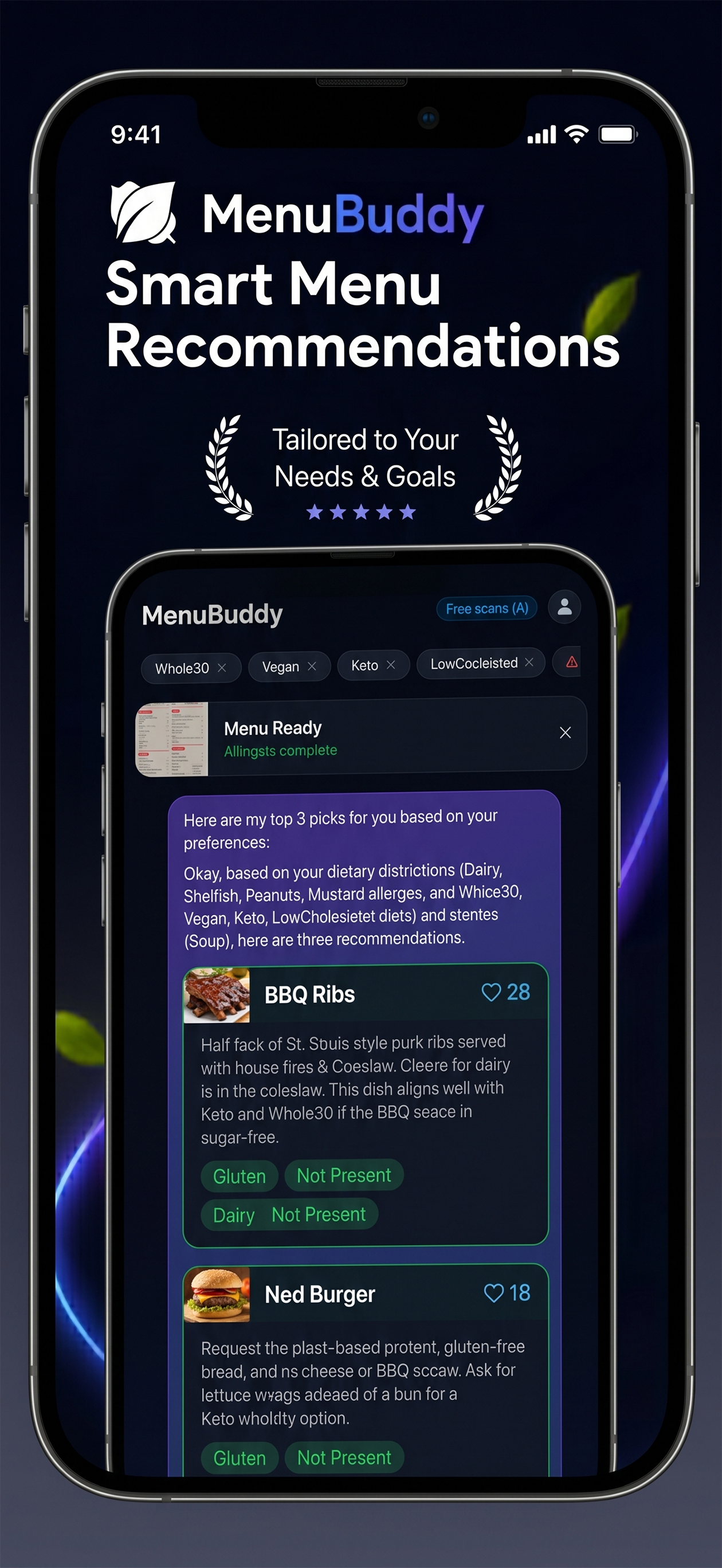 MenuBuddy smart menu recommendations screen showing AI-powered dish suggestions